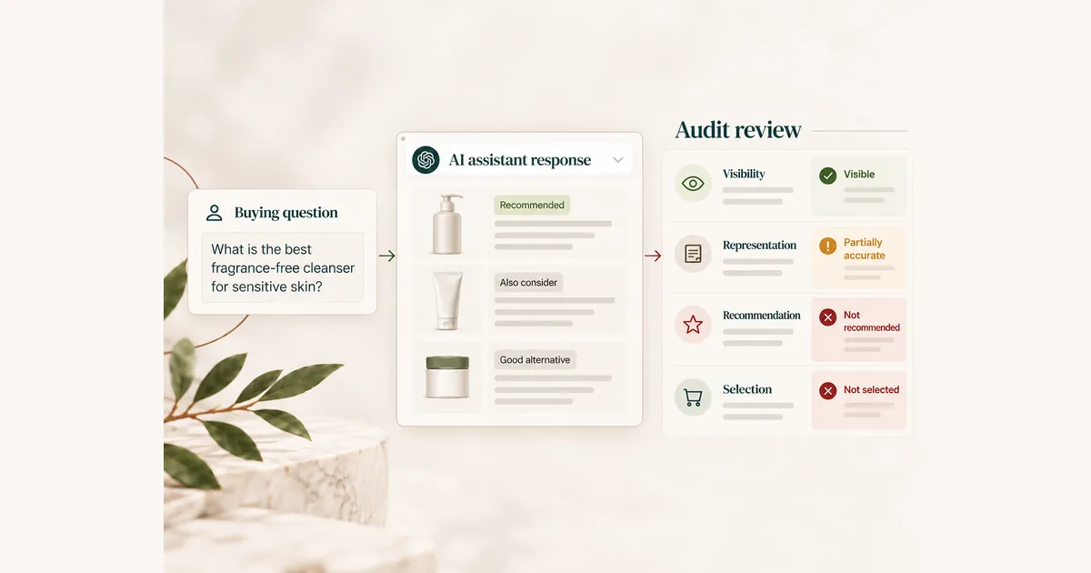Illustrative AI commerce audit showing a buying question, AI recommendations and outcome checks