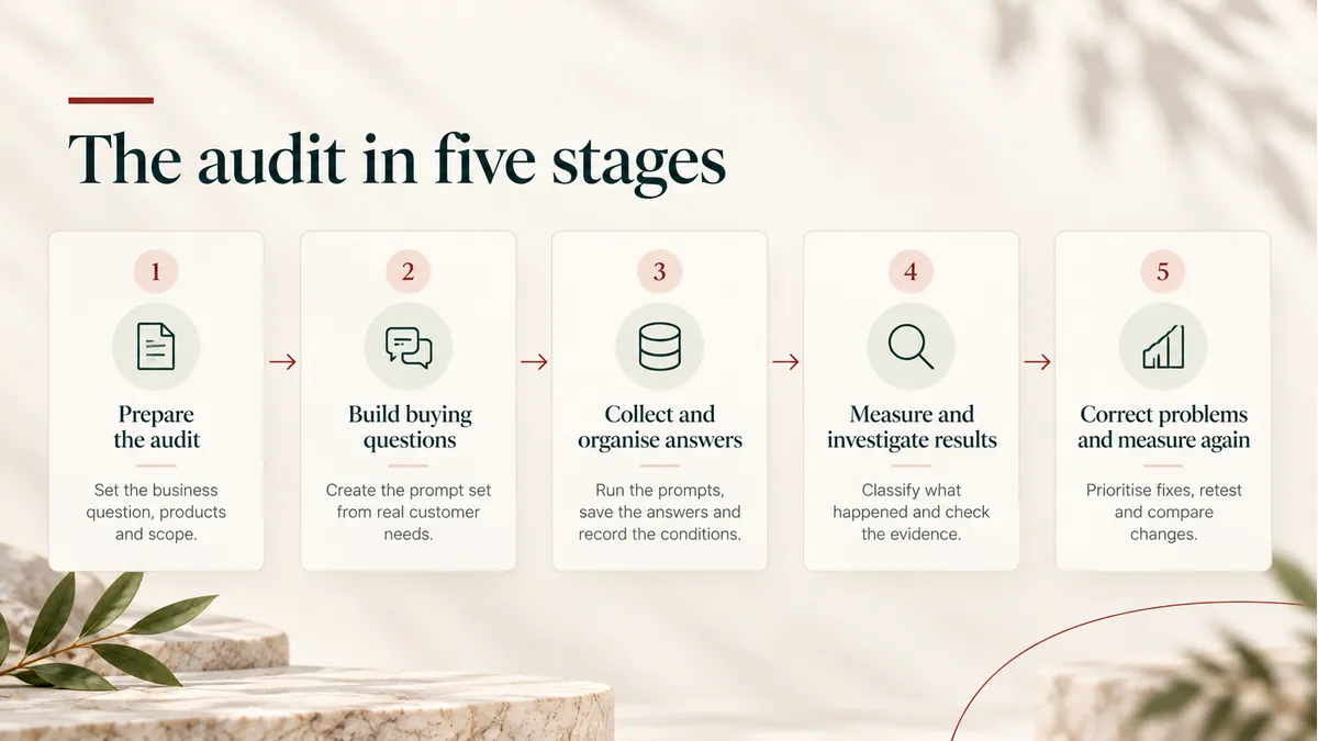 The five stages of an AI commerce audit: prepare, build buying questions, collect answers, measure results, correct and retest