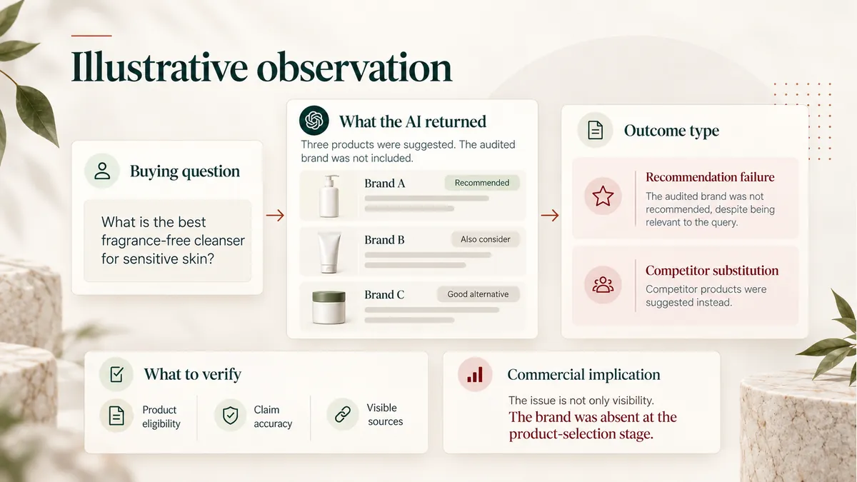 Illustrative AI recommendation audit showing a shopping question, three suggested products and an omitted brand