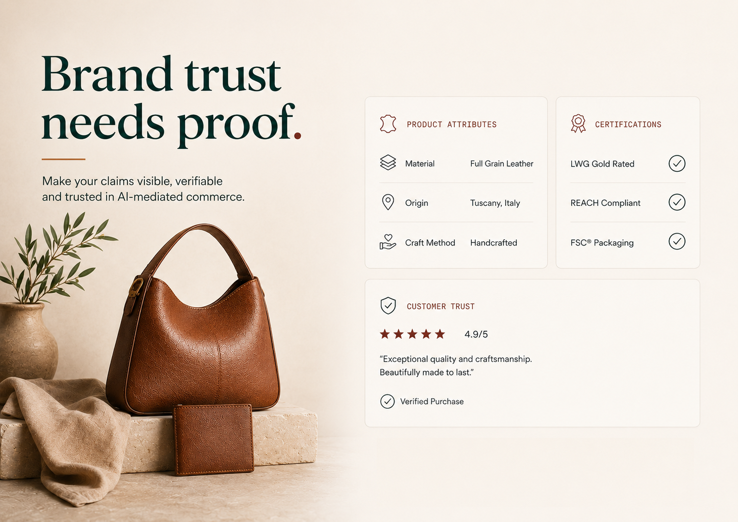 Premium product attributes, certifications and trust signals presented as evidence-backed data