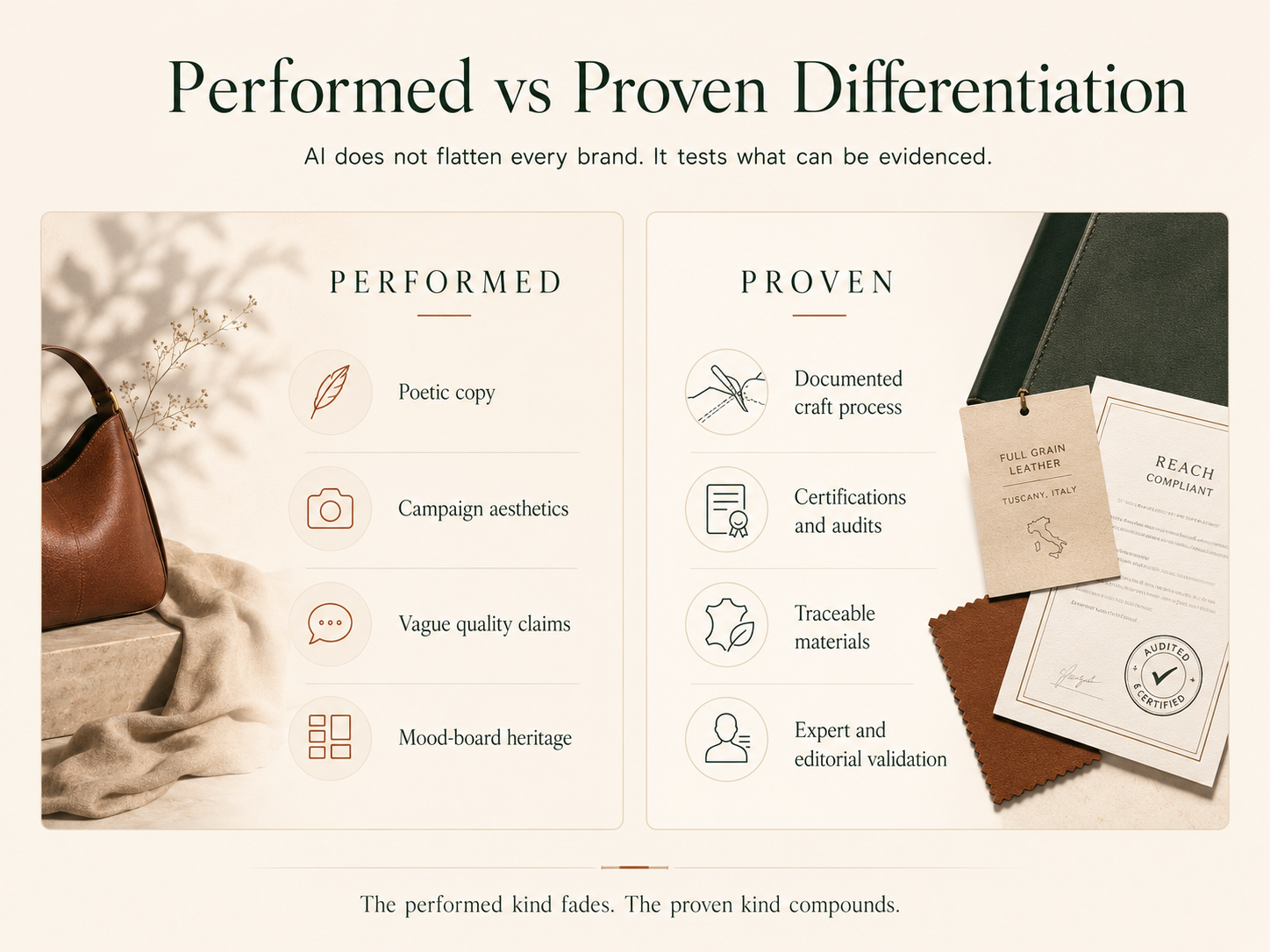 Comparison graphic showing performed differentiation versus proven differentiation in AI-mediated commerce