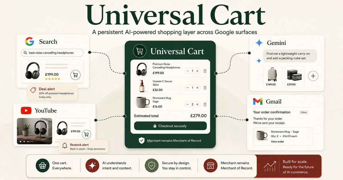 Editorial mockup of Universal Cart as a persistent AI-powered shopping layer connecting Search, Gemini, YouTube and Gmail