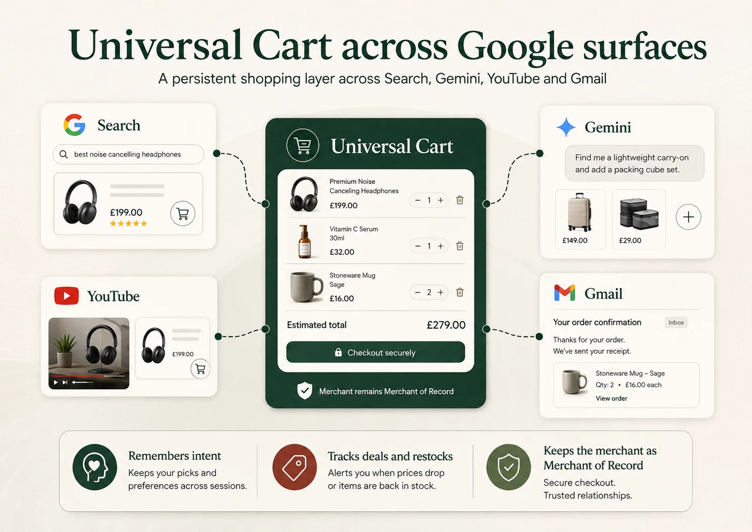Diagram titled 'Universal Cart across Google surfaces' showing a central Universal Cart with three sample products (headphones, vitamin C serum, stoneware mug), quantities, an estimated total of £279.00 and a Checkout securely button. The cart connects via dotted lines to four Google surfaces: Search showing a product result, Gemini showing a conversational request, YouTube showing a shoppable video product card, and Gmail showing an order confirmation. The merchant remains Merchant of Record. Three feature callouts: remembers intent across sessions, tracks deals and restocks, keeps the merchant as Merchant of Record.